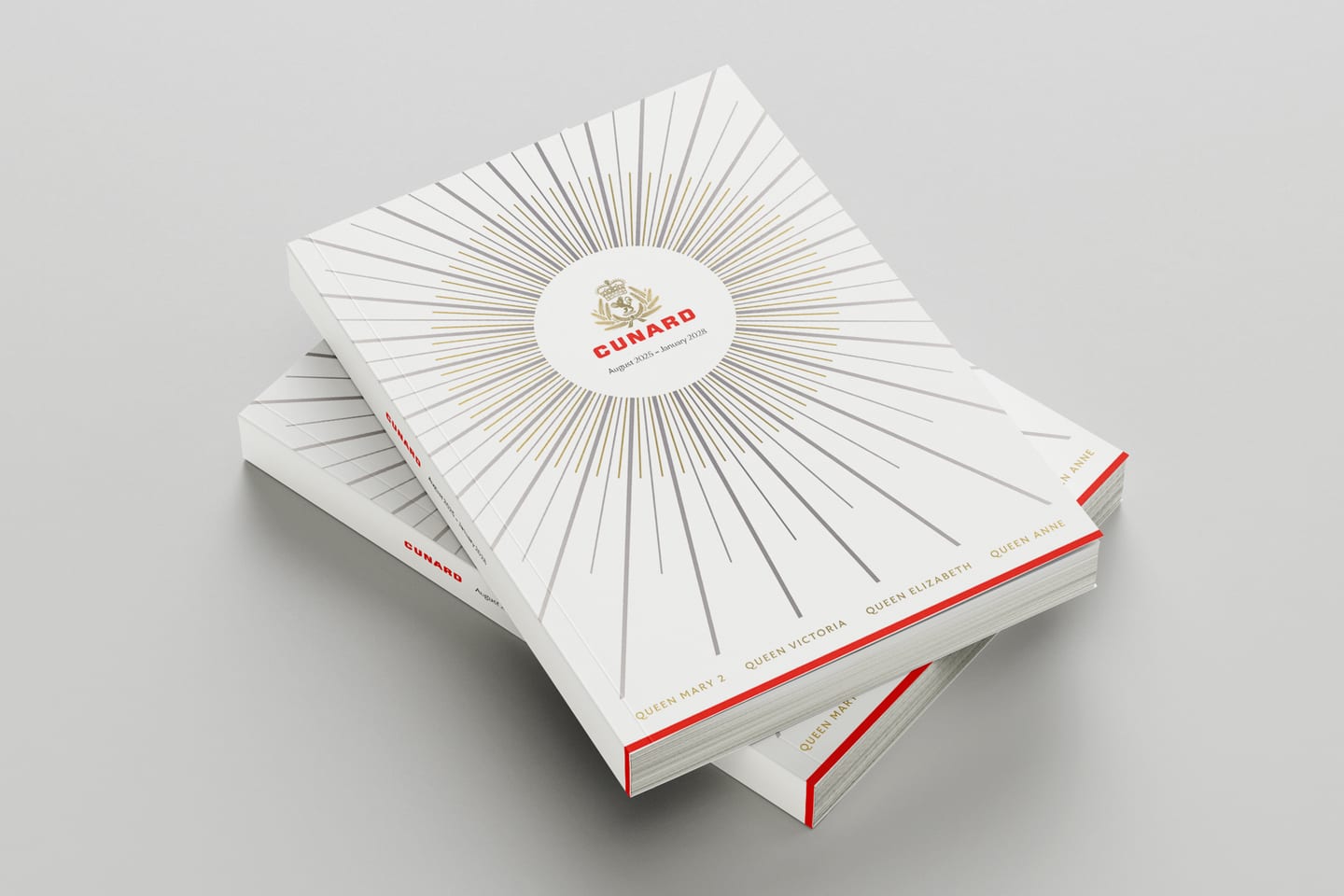 Cunard launch brochure covers stacked, showing the sunburst cover artwork