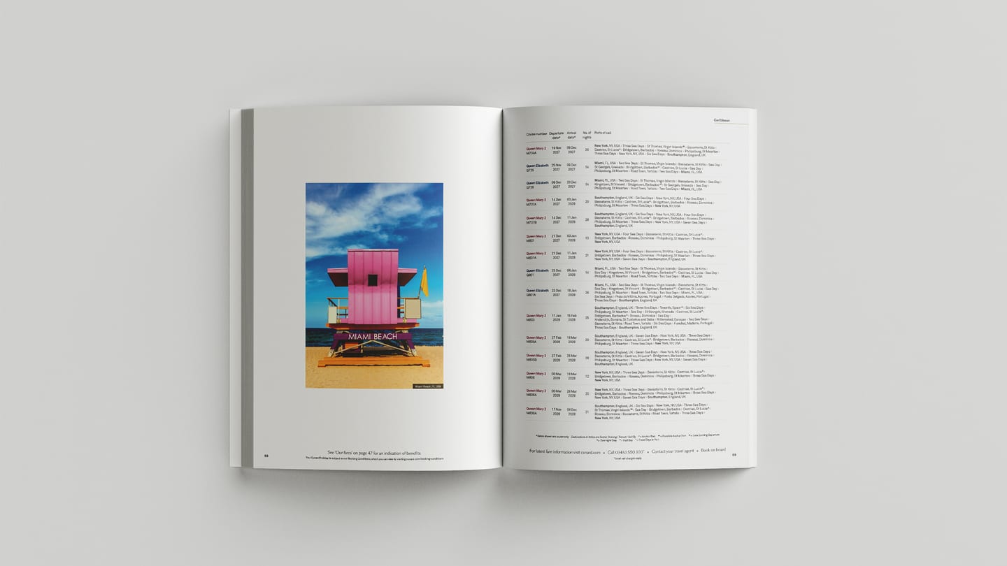 Brochure spread of itinerary tables, ports and sailing dates