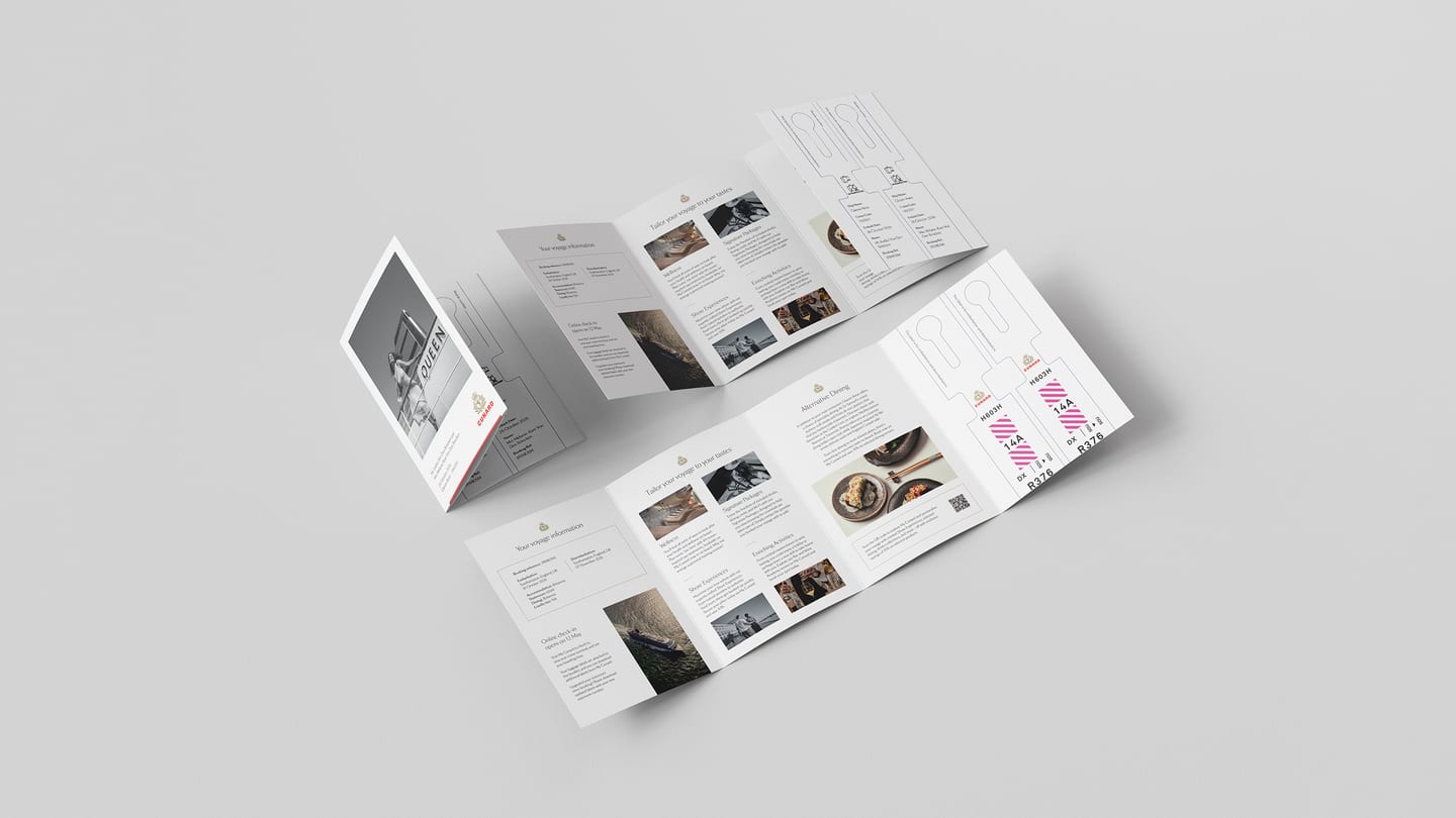Personalised pre-cruise booklets fanned out to show different voyage pages