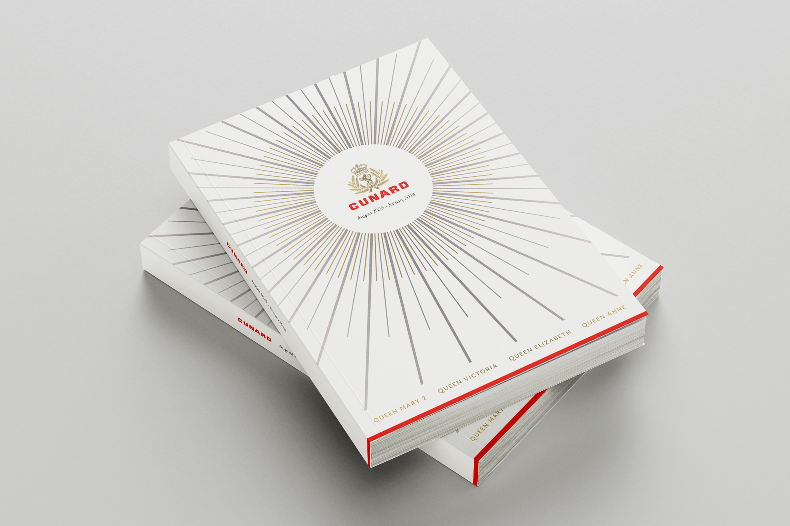 Cunard launch brochure covers stacked, showing the sunburst cover artwork
