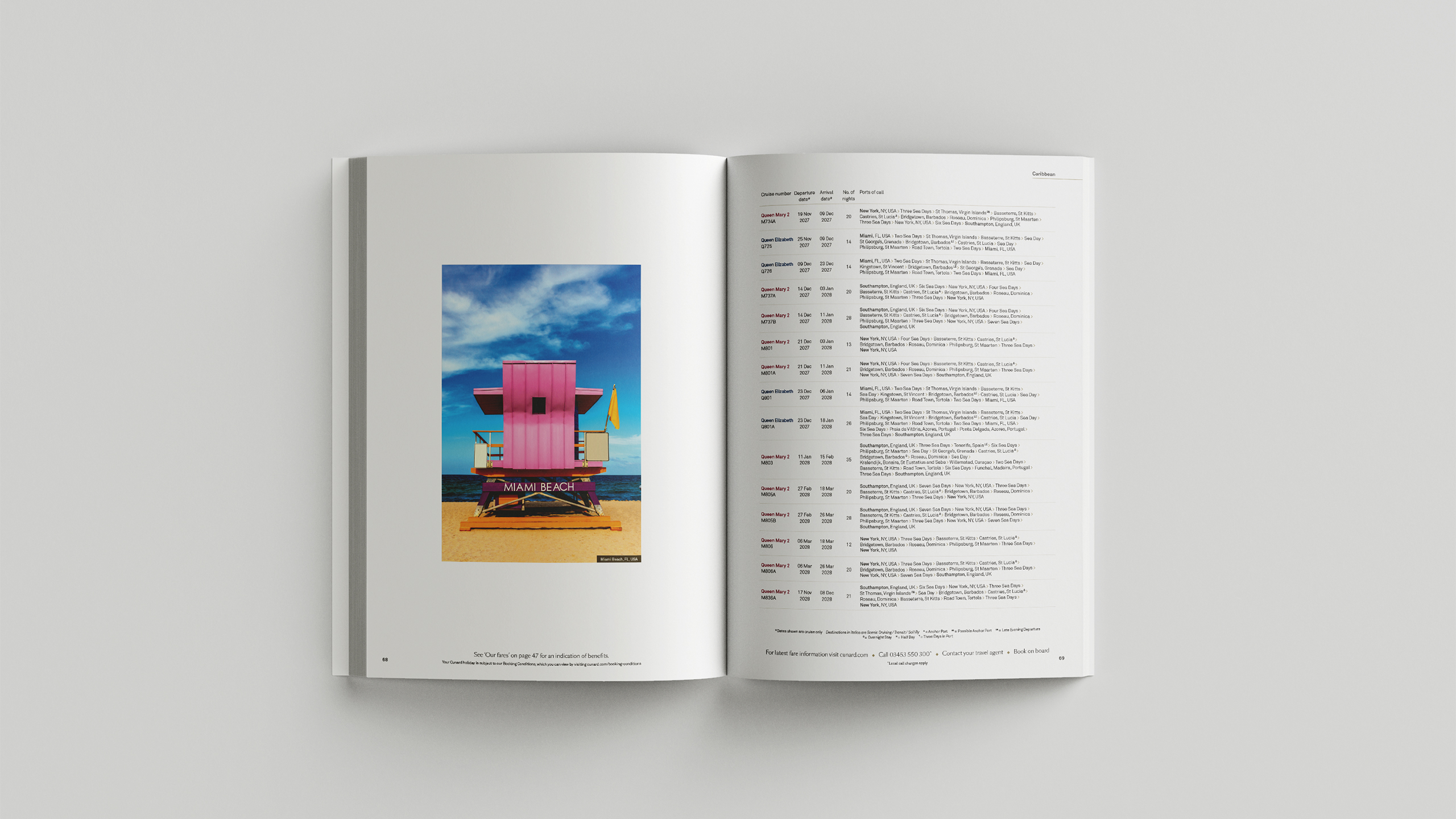 Brochure spread of itinerary tables, ports and sailing dates