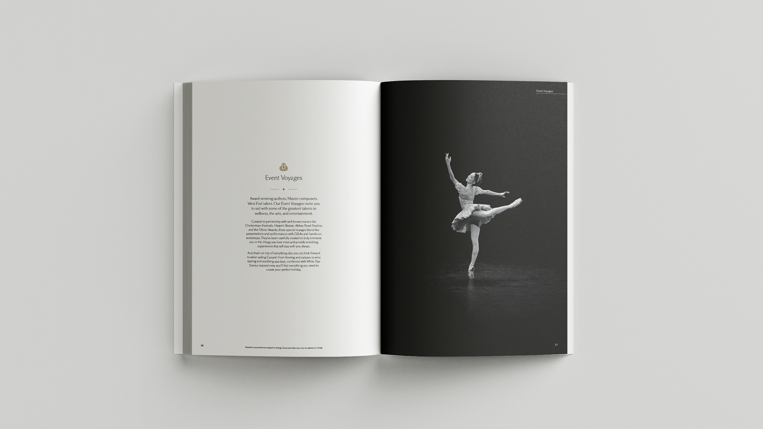 Brochure spread introducing the Event Voyages programme