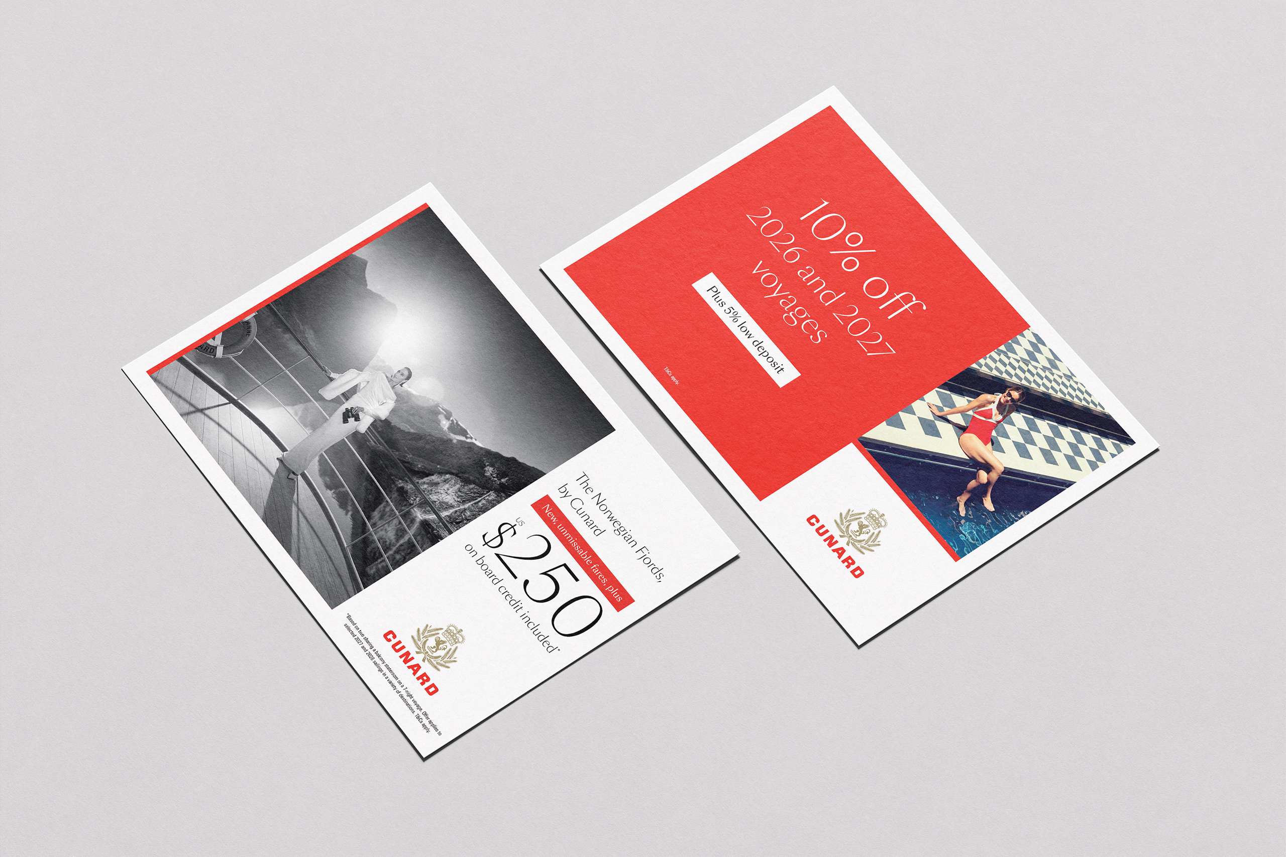 Two Cunard promotional press executions printed and laid side by side