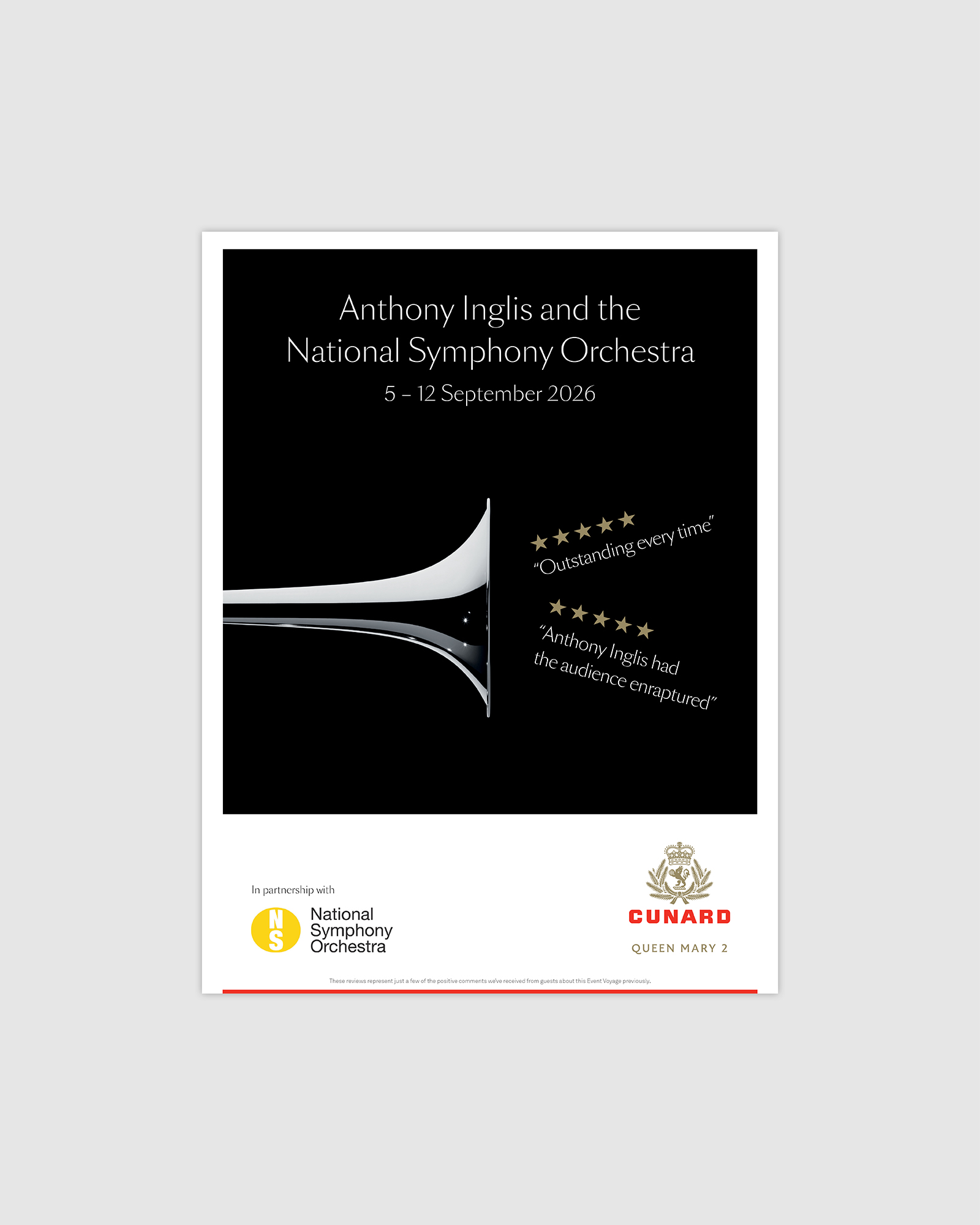 Event Voyages press advertisement for Anthony Inglis and the National Symphony Orchestra on Queen Mary 2