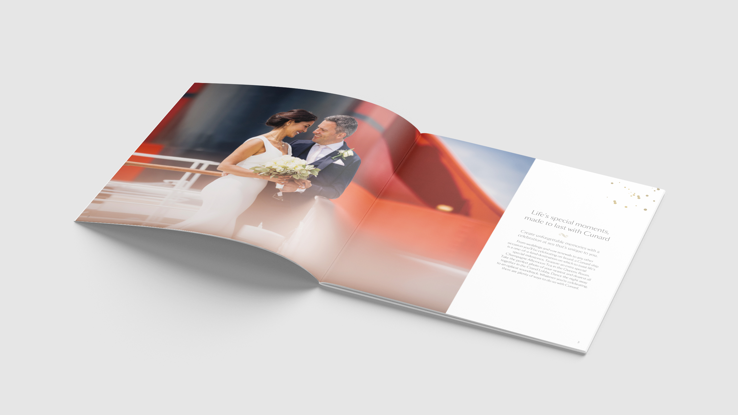 Celebrations at Sea brochure opened to a wedding photograph beside a page of running text