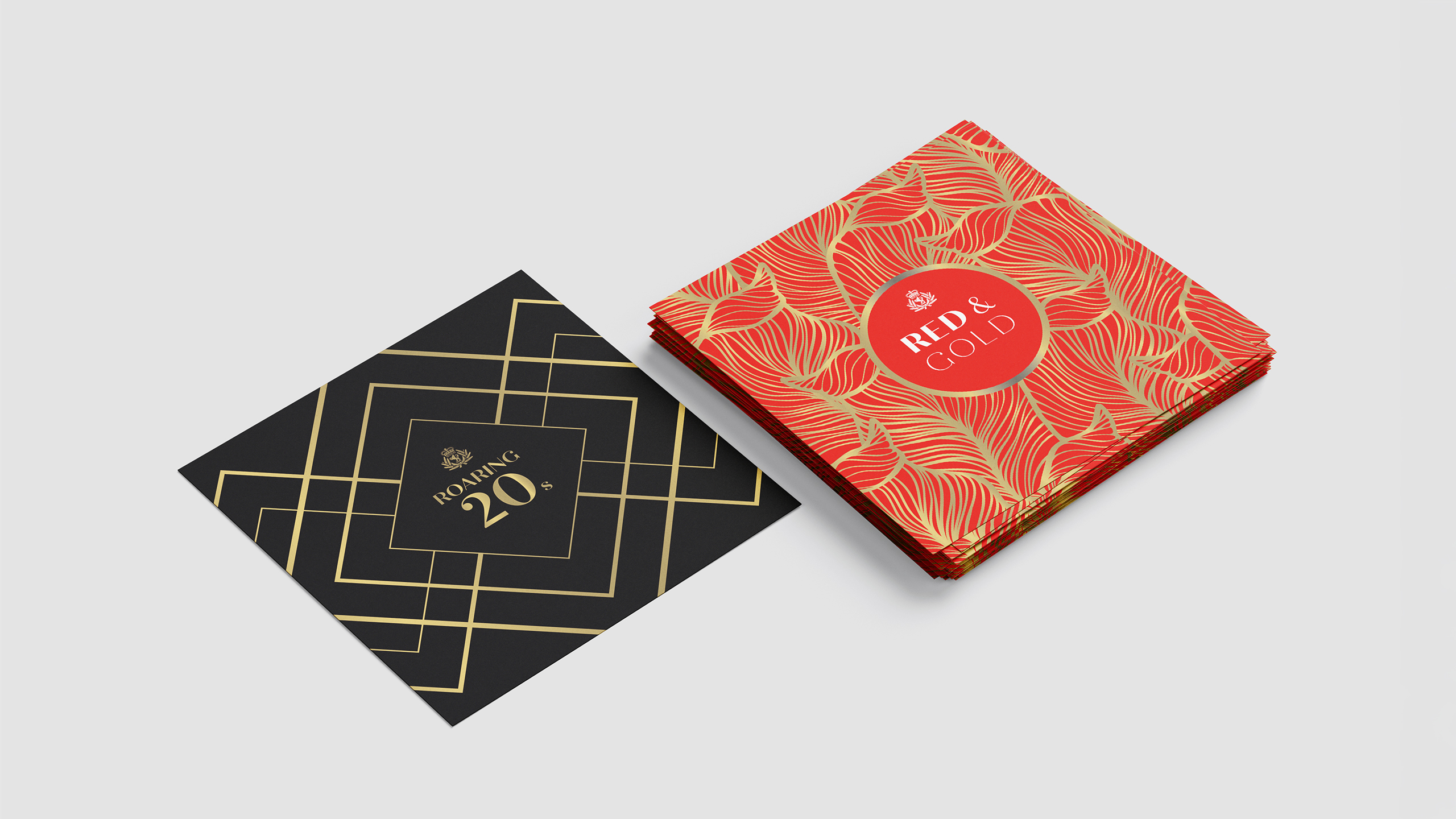 Roaring 20s and Red and Gold themed event cards printed in gold foil