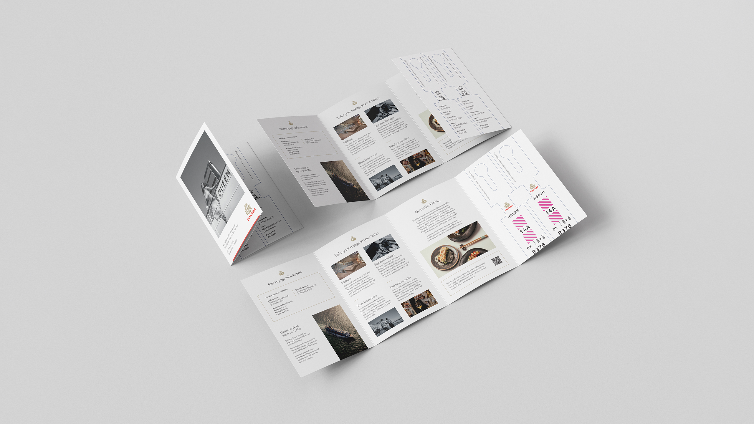 Personalised pre-cruise booklets fanned out to show different voyage pages