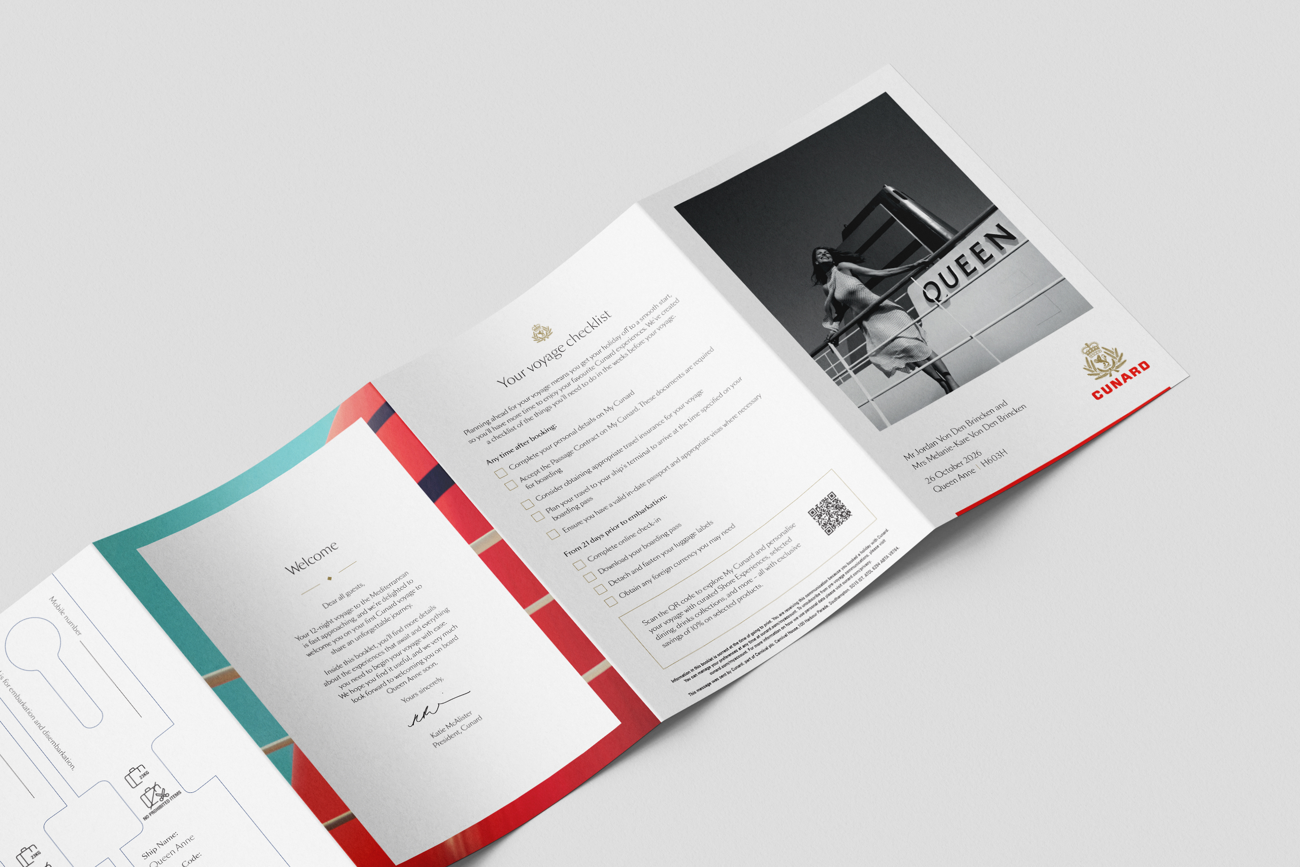 Cunard pre-cruise booklet opened to the welcome letter and voyage checklist